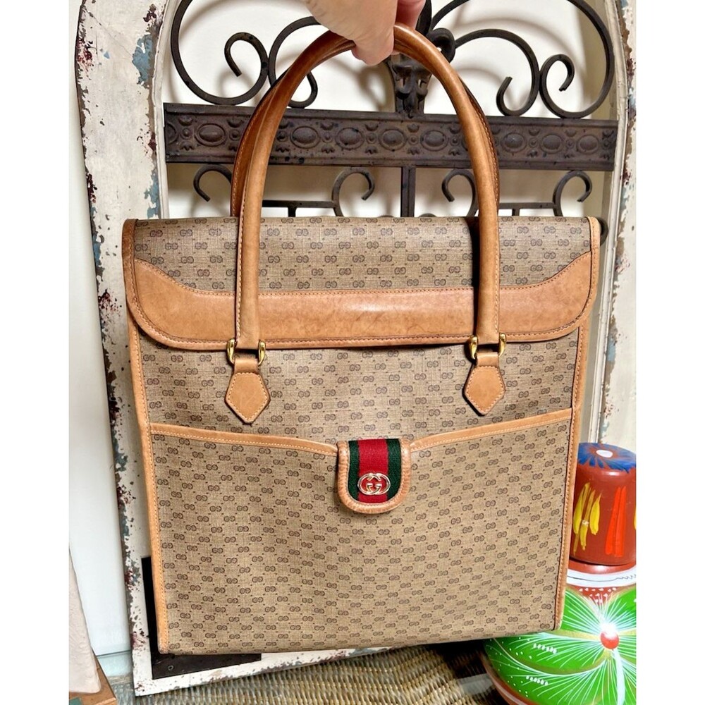 Rare Vintage GUCCI Micro GG Supreme Leather Coated Canvas Tote Bag with Pouch